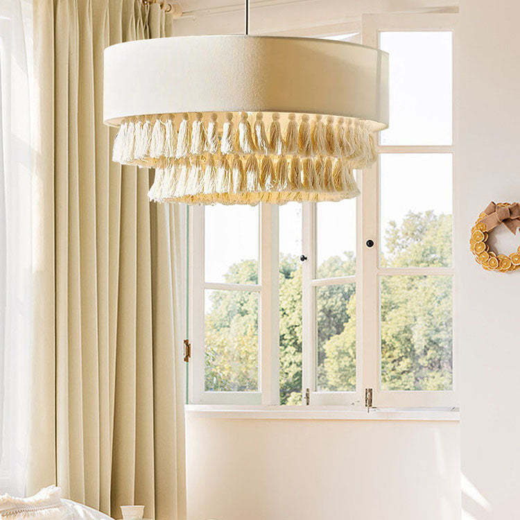 Boho Fabric Cylinder Tassel Braided Rope Chandelier
