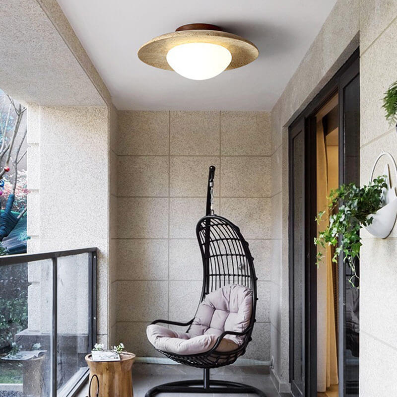 Japanese Round Yellow Travertine Semi-Flush Ceiling Light