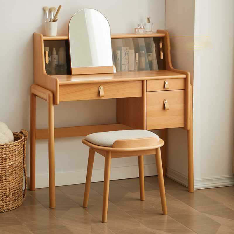 Japanese Arc Fabric Wood Vanity Stool — Walnut Color