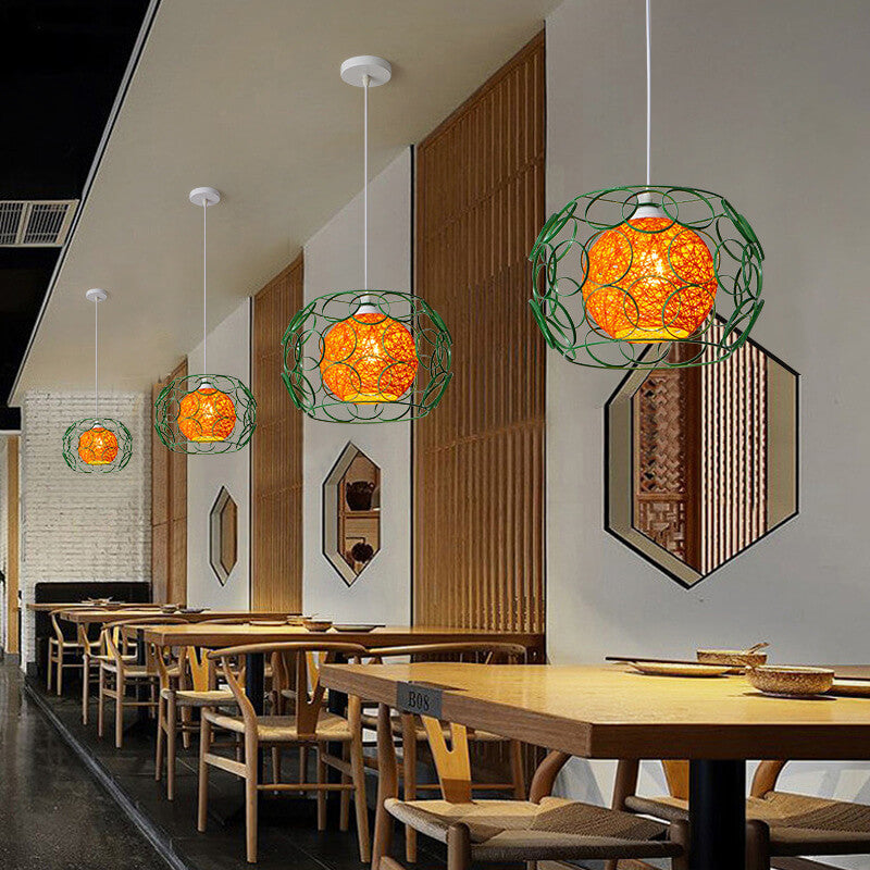 Japanese drum ball iron pendant lighting — 12.2" W x 3.94" L x 8.66" H / Black Frame & Beige Shade / 220V-240V (UK/AU)