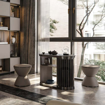 Minimalist Hourglass Leather Steel Stool — Beige