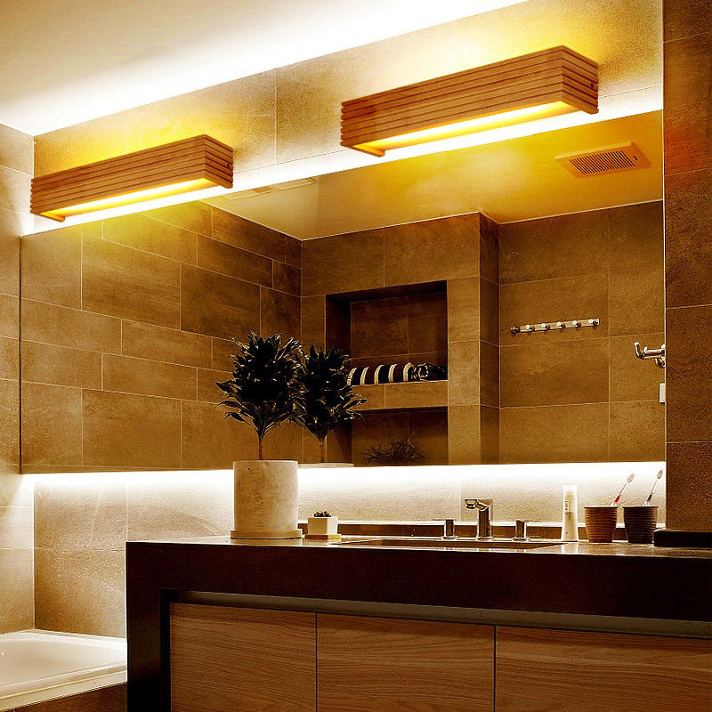 Chinese Striped Wood Cuboid LED Vanity Sconce — White Light (5000K) / 220V-240V For UK/AU
