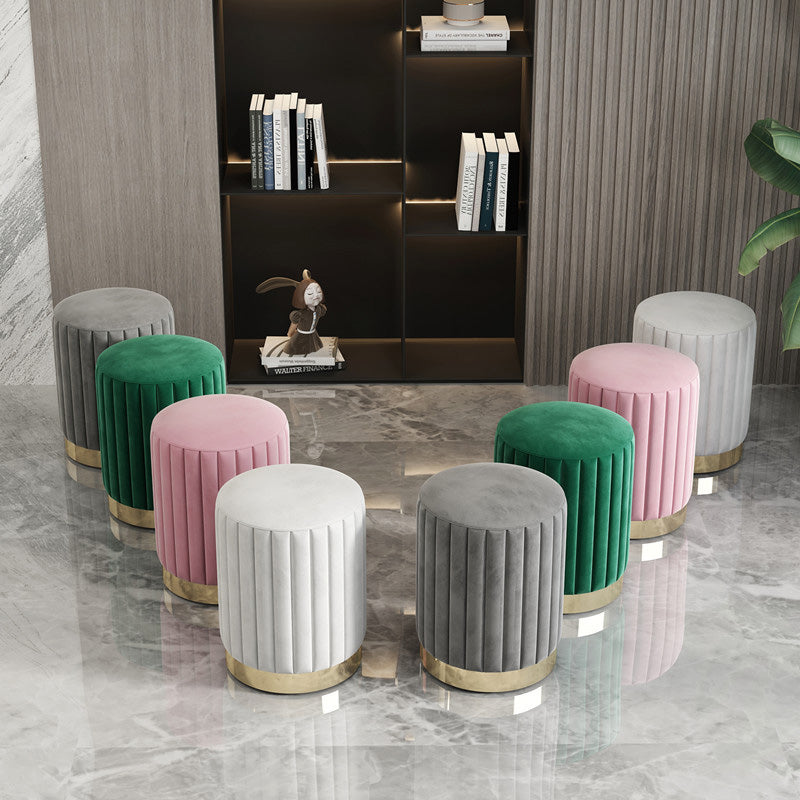 Minimalist Round Velvet Metal Vanity Stool — Green
