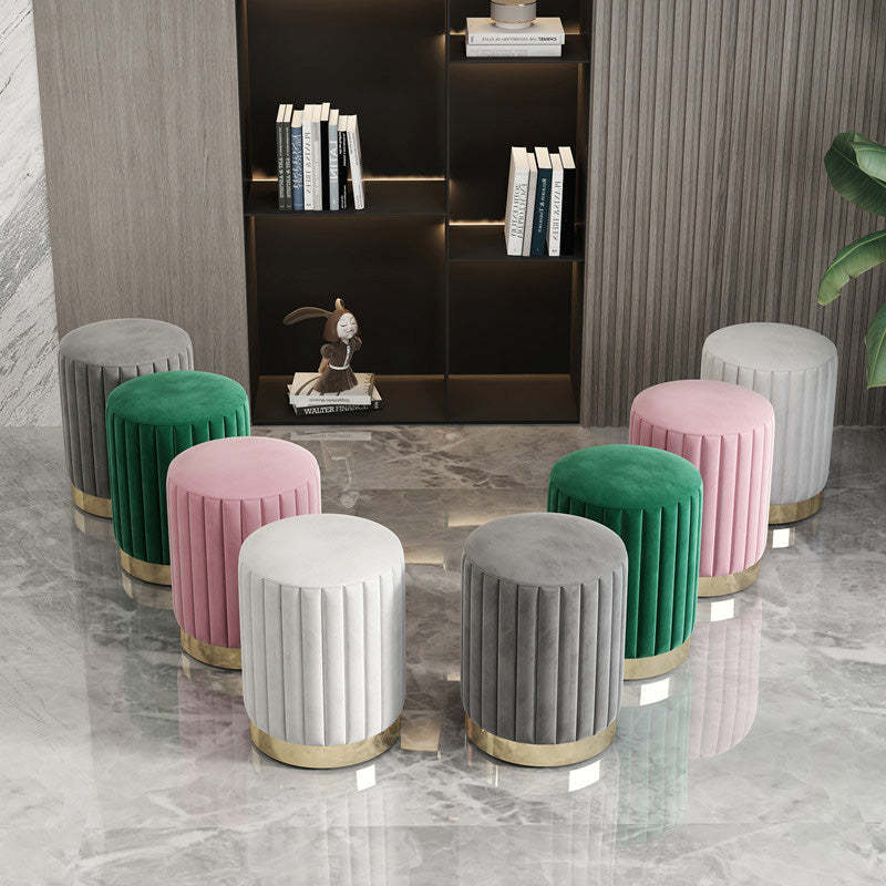 Minimalist Round Velvet Metal Vanity Stool — Green