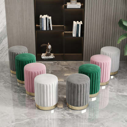 Minimalist Round Velvet Metal Vanity Stool — Green
