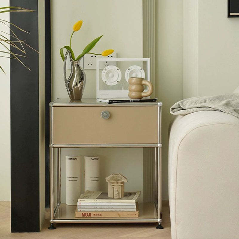 Minimalist Stainless Steel Nightstand 1-Drawer — White