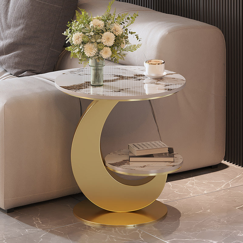 Minimalist Round Iron Slate 2-Tier Coffee Table — Gold