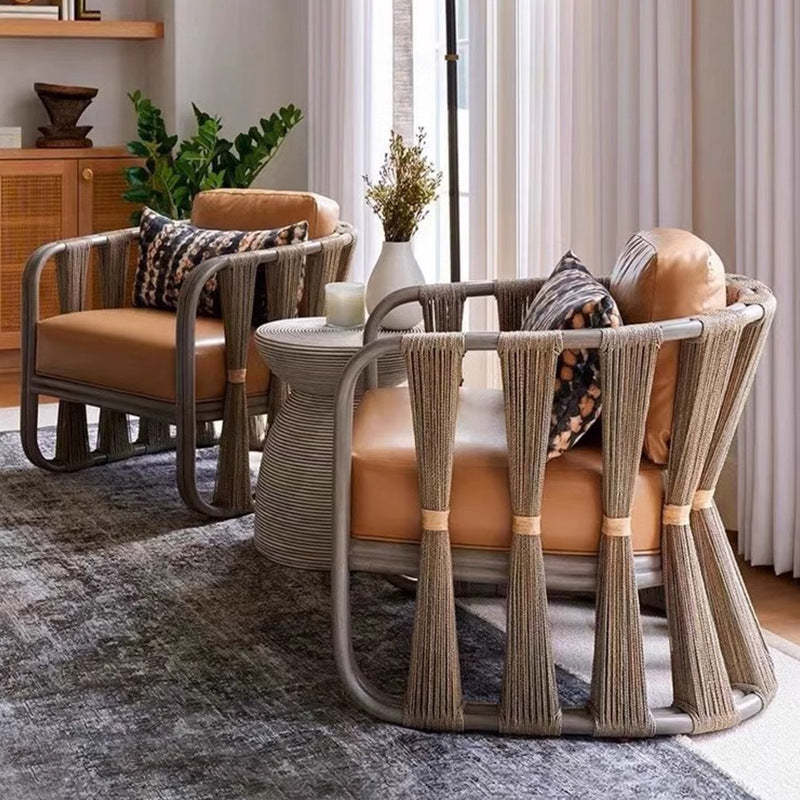 Scandinavian Wood Rattan Fabric Armchair