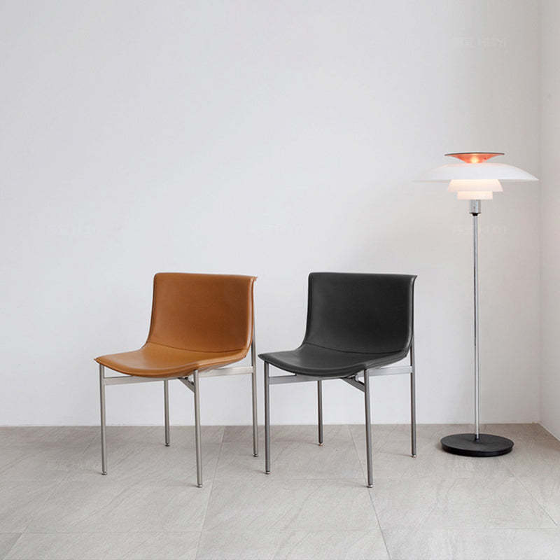 Nordic Curved Leather Steel Dining Chair — Brown