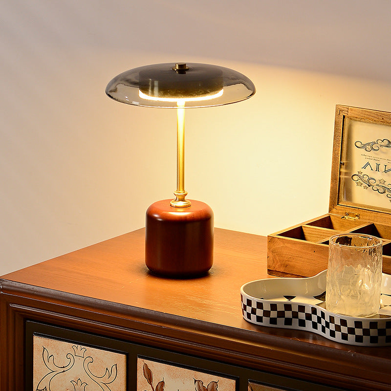 Retro Brass Wood Glass Cylinder LED Table Lamp
