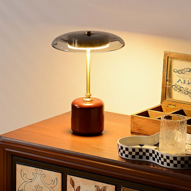 Retro Brass Wood Glass Cylinder LED Table Lamp