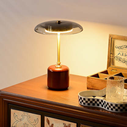 Retro Brass Wood Glass Cylinder LED Table Lamp