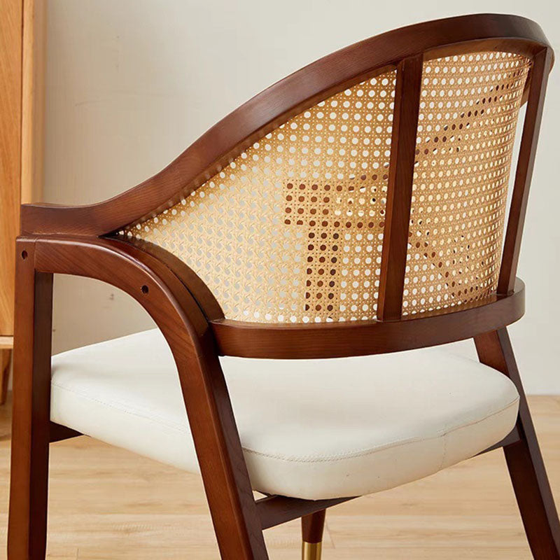 Vintage Wood Rattan Linen Dining Chair — Rubber Wood - PU Leather - Original Wood Color