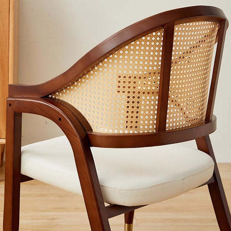 Vintage Wood Rattan Linen Dining Chair — Rubber Wood - PU Leather - Original Wood Color