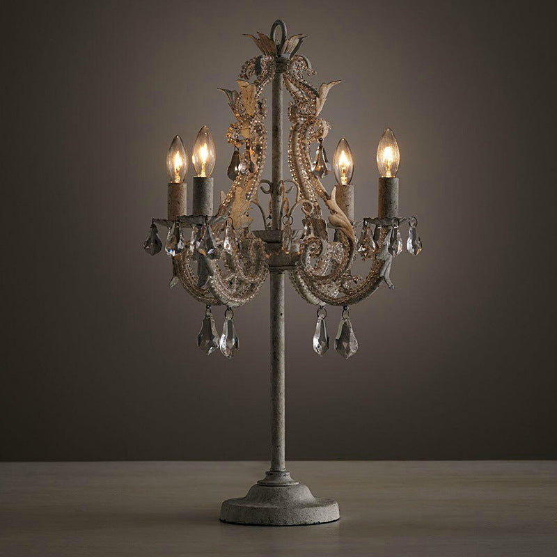 Boho Distressed White Candelabra Crystal Bead Table Lamp