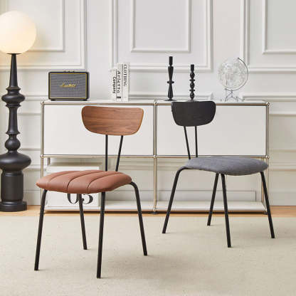 Contemporary PU Leather Steel Dining Chair — Walnut Backrest + Brown PU Leather Cushion