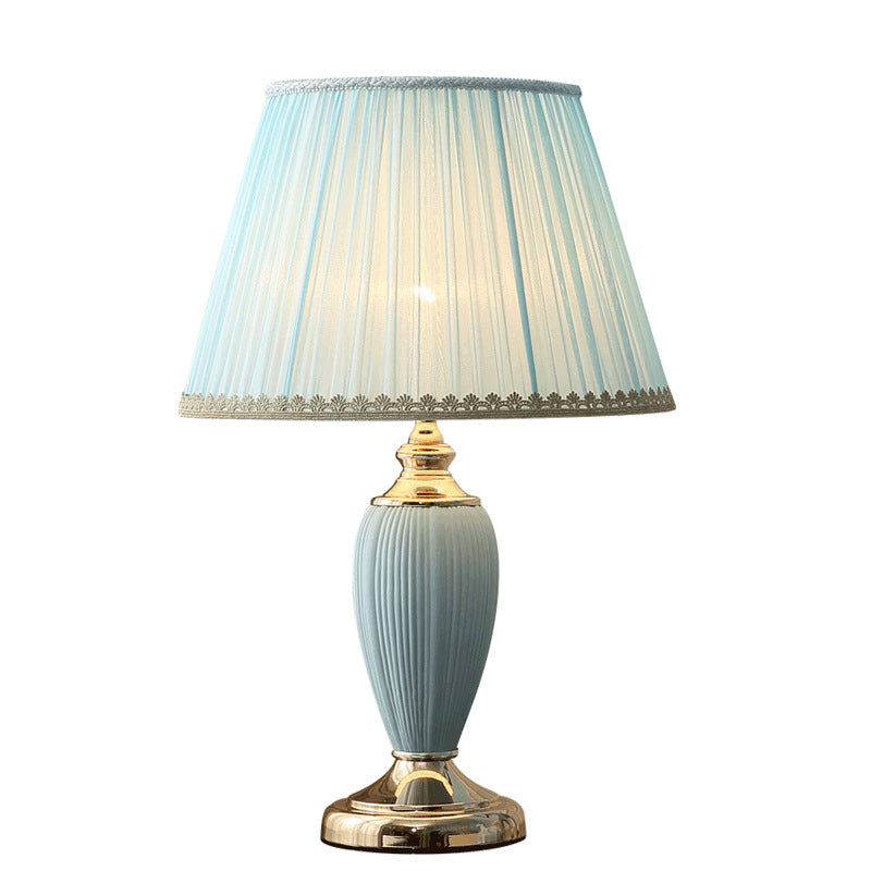 European Pleated Fabric Ceramic Column Lamp