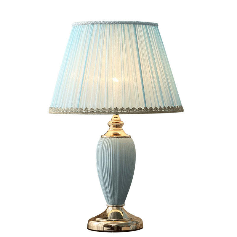 European Pleated Fabric Ceramic Column Lamp