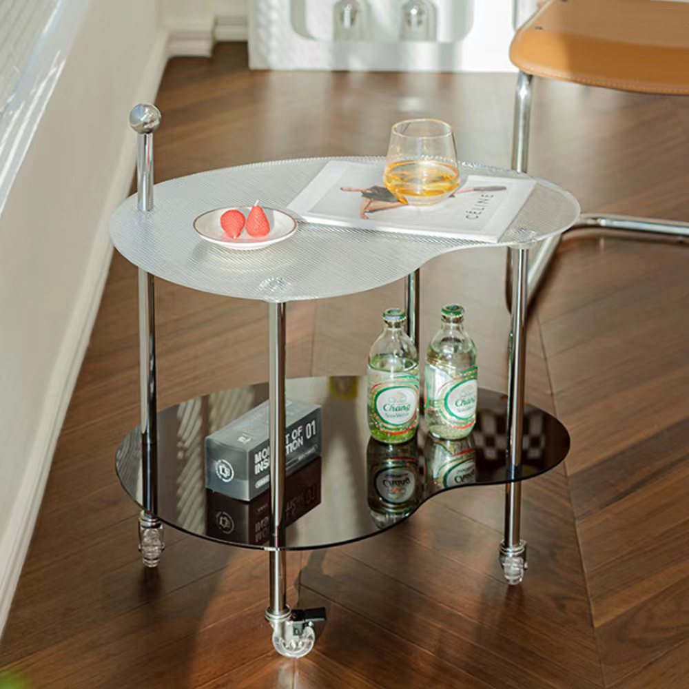 Minimalist Glass Mango-Shaped Side Table On Wheels 2-Tier