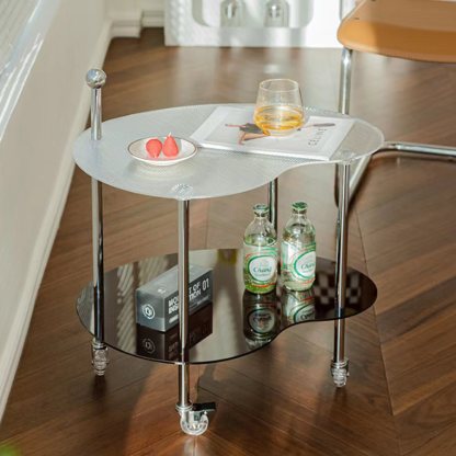 Minimalist Glass Mango-Shaped Side Table On Wheels 2-Tier