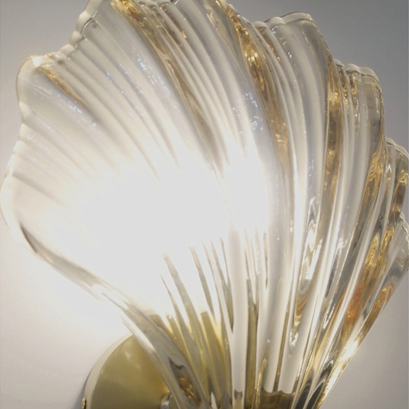 Art Deco Scalloped Shell Amber Glass Brass Wall Sconce