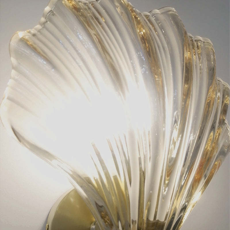 Art Deco Scalloped Shell Amber Glass Brass Wall Sconce