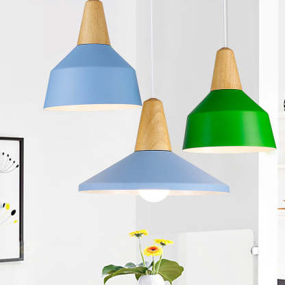 Minimalist Cone Trapezoid Iron Wood Pendant Light — Yellow / 220V-240V For UK/AU