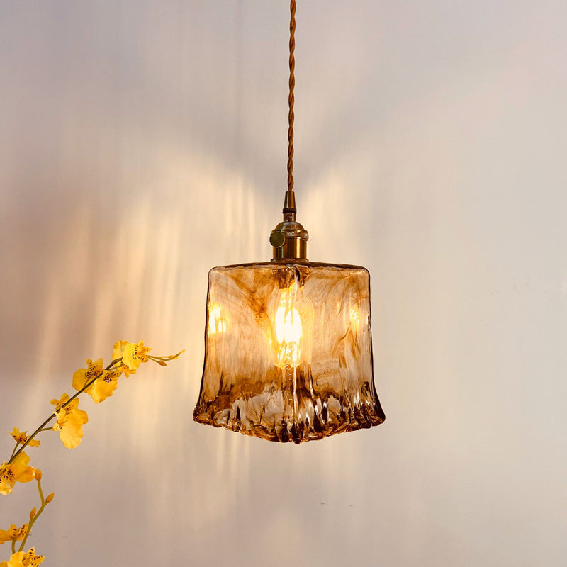 Vintage Amber Square Glass Brass Pendant — B / 110V-120V For US/CA
