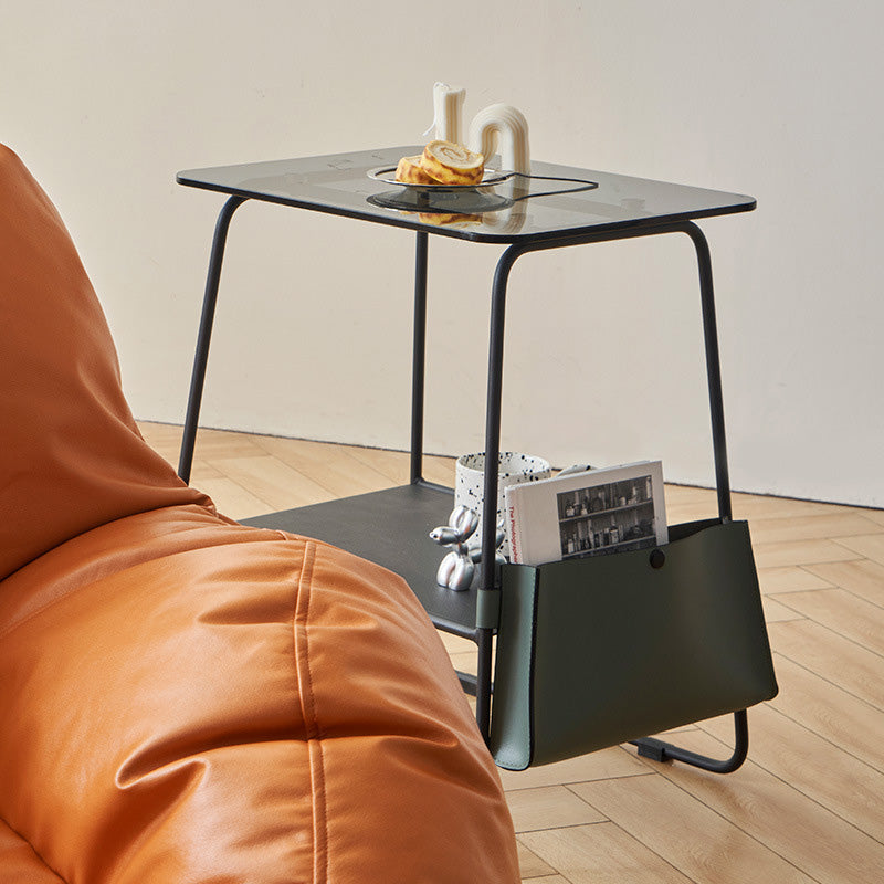 Minimalist Glass Iron 2-Tier Coffee Table — With Handbag