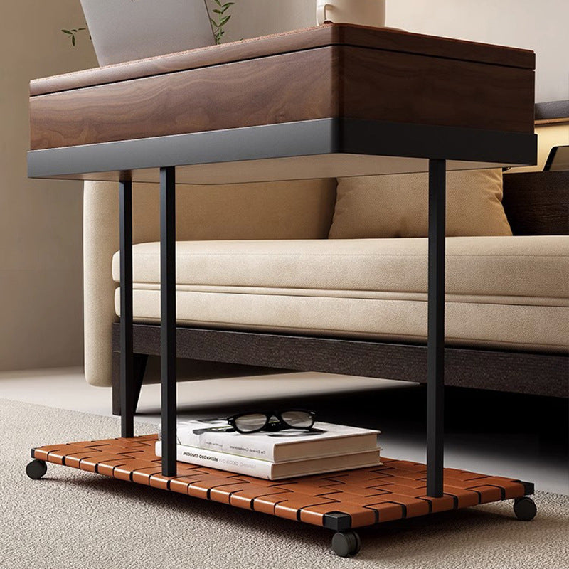 Minimalist Iron Leather Wood Rectangular End Table 1-Storage