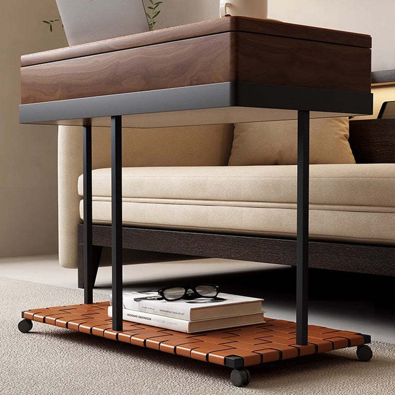 Minimalist Iron Leather Wood Rectangular End Table 1-Storage