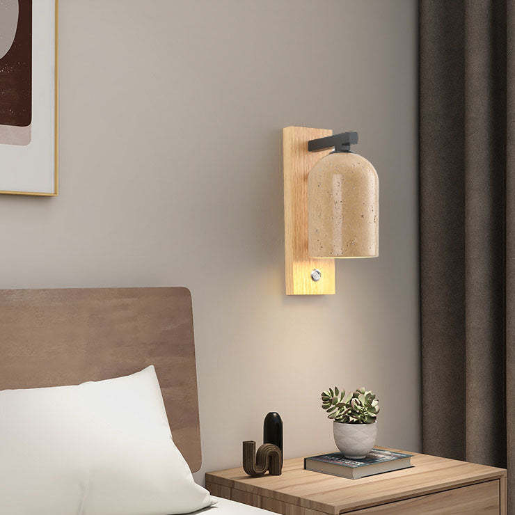 Japanese Vintage Stone Cylinder Wooden Base Sconce — Wood / 110V-120V For US/CA