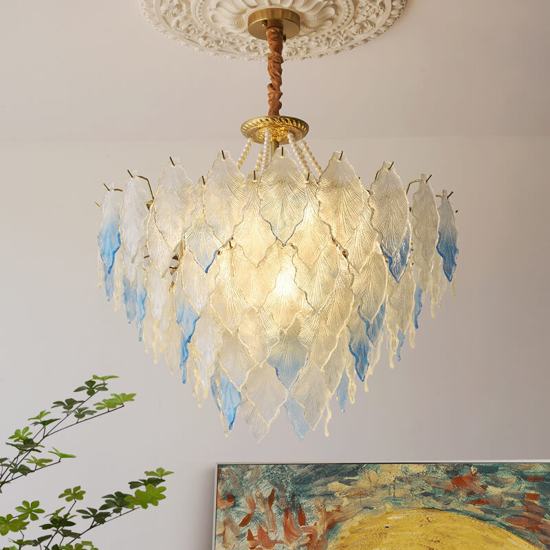 French Tree Leaf Pearl Iron Copper Glass Chandelier