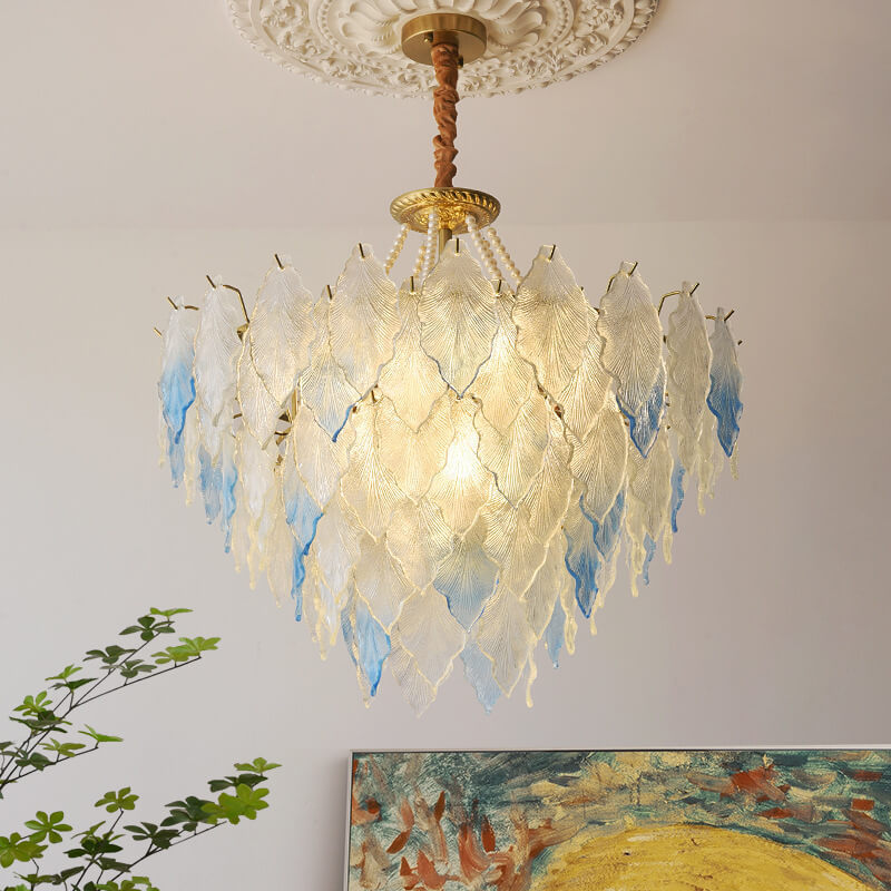 French Tree Leaf Pearl Iron Copper Glass Chandelier
