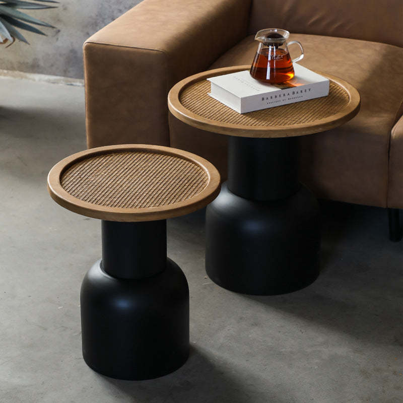 Vintage Round Rattan Iron Wood Coffee Table