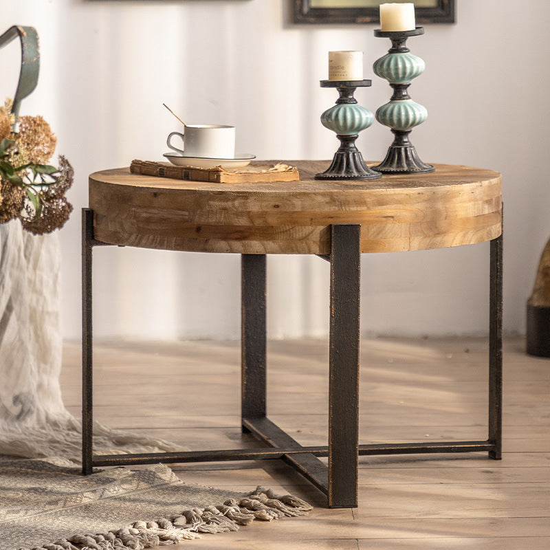 Vintage Distressed Wood Iron Cross-Leg Coffee Table