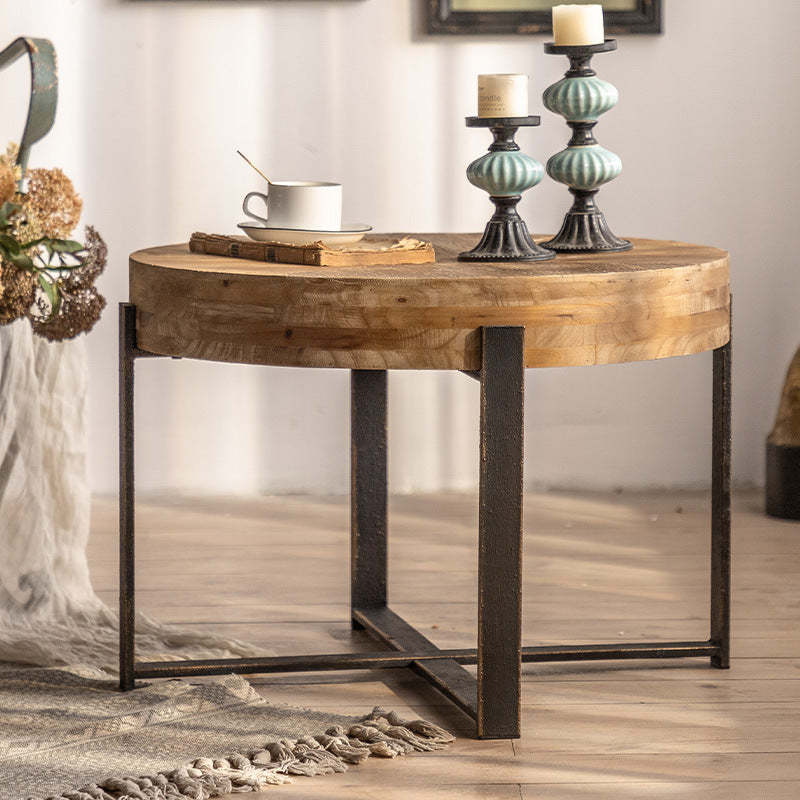 Vintage Distressed Wood Iron Cross-Leg Coffee Table