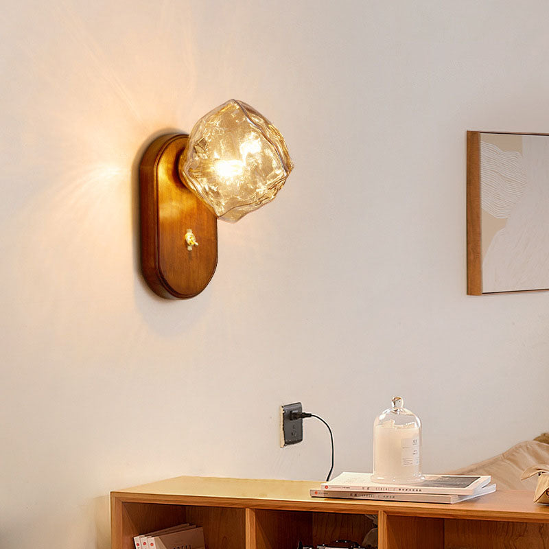 Japanese Oval Ice Cube Solid Wood Glass Sconce — Amber / 110V-120V For US/CA