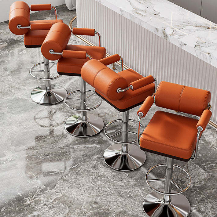 Modern Cylindrical Leather Metal Bar Stool — Green + Silver Frame