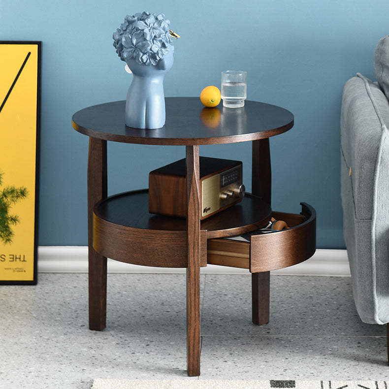 Retro Antique Oak Wood Circular End Table — Walnut Color