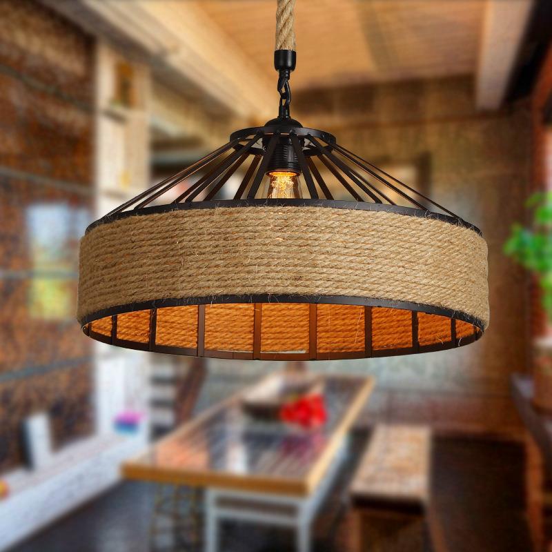 Traditional Rustic Iron Hemp Rope Pendant Light