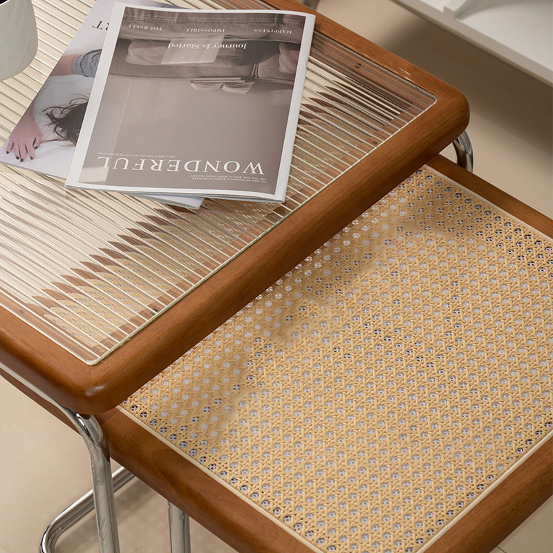 Vintage Solid Wood Rattan Glass Square Coffee Table 4-Leg