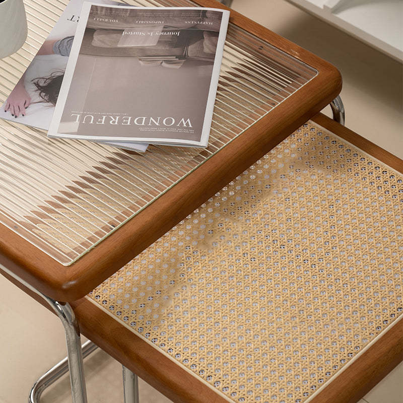 Vintage Solid Wood Rattan Glass Square Coffee Table 4-Leg