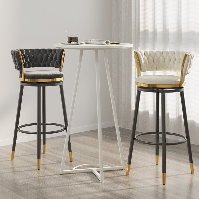 Contemporary Round Velvet Swivel Bar Stool — Pink Seat + Black Legs