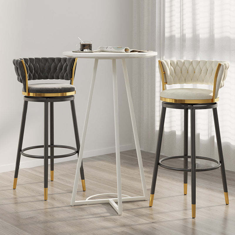 Contemporary Round Velvet Swivel Bar Stool — Pink Seat + Black Legs