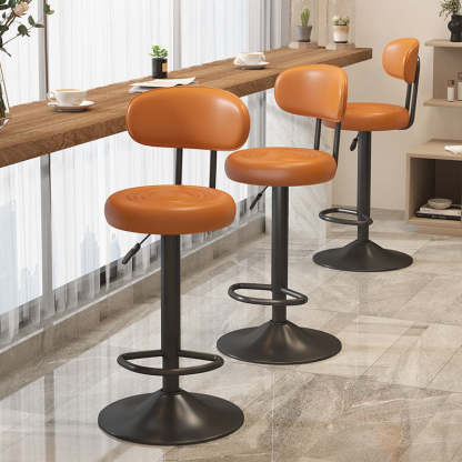Contemporary Leather Swivel Bar Stool Height Adjustable — Orange Seat + Black Base