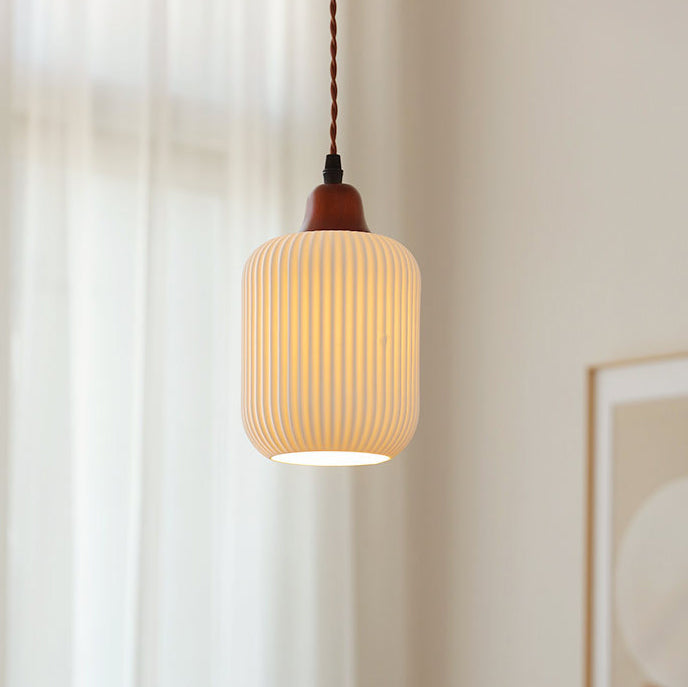 Japanese Vintage Pleated Ceramic Wood Pendant