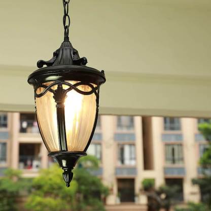 European Vintage Oval Lantern Maple Leaf Outdoor Pendant — Black / 110V-120V For US/CA