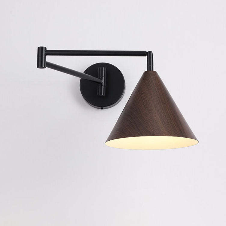 Nordic Cone Swing Arm Wood Grain Iron Wall Sconce