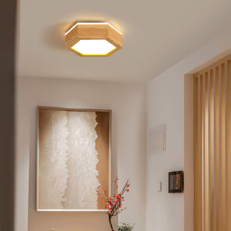 Modern Wooden Hexagonal LED Flush Mount Light